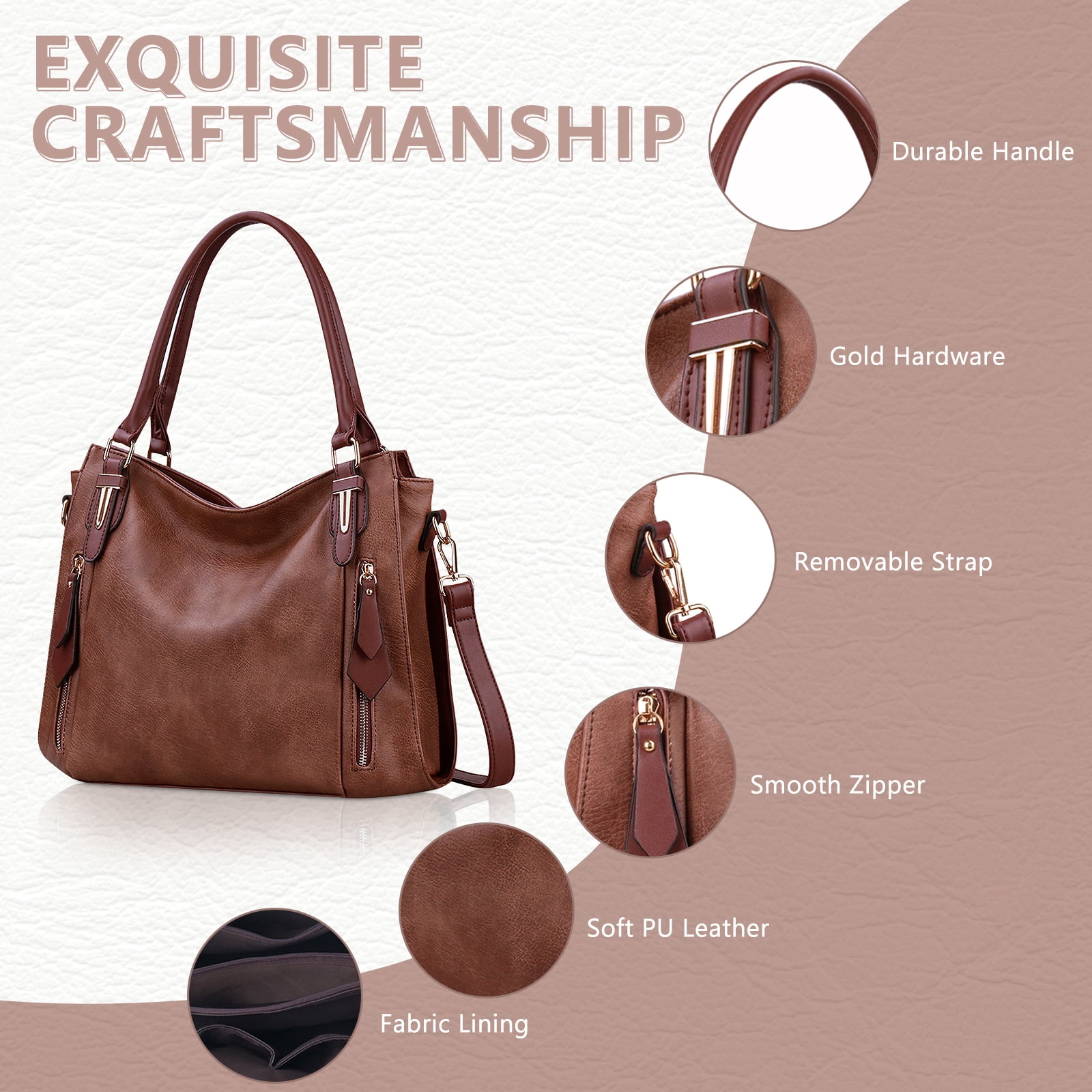 JOYSON Women's Shoulder Bag,Handbags,Tote Zipper Purse PU Leather Top-handle Satchel Bags Ladies Medium Coffee