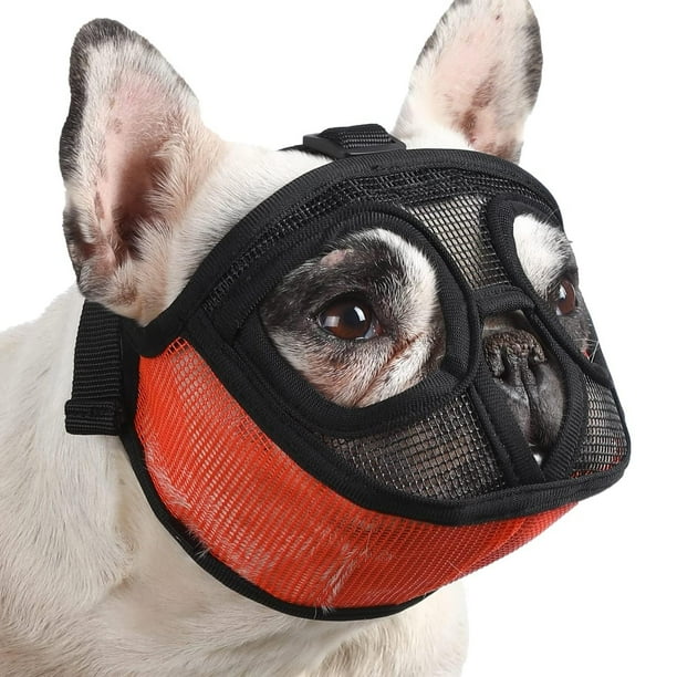 Bozal de hocico corto para perro, de malla transpirable y cara plana para bulldog, con máscara (negro-naranja)