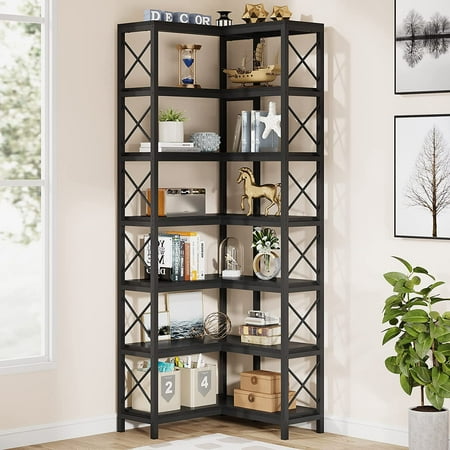 Tribesigns 7-Shelf Corner Bookshelf Large Modern Corner Bookcase with Metal Frame for Living Room Home Office