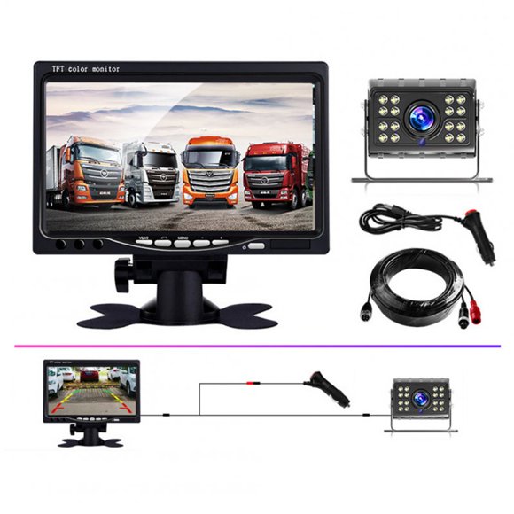 Kit de Caméra d'Image de Recul pour Voiture Écran Lcd 7 Pouces Vision Nocturne Bus Caméra Auxiliaire Noir