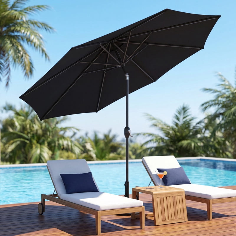 Lacoo 9' Outdoor Patio Umbrella, Market Table Umbrella with Push Button Tilt, 8 Heavy-Duty Steel Ribs & Wind Vents, Black
