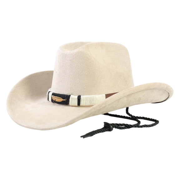 Gtoiithly Bohemian Style Cowboy Hat with Feather Accent & Woven Band, Adjustable Chin Cord Sun Hat, Breathable Beige Western Hat for All Seasons Beige