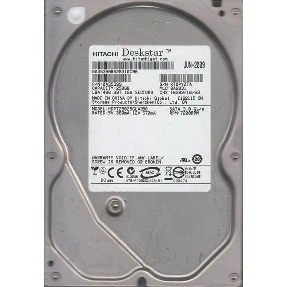 HDP725025GLA380, PN 0A35399, MLC BA2831, Hitachi 250GB SATA 3.5 Hard Drive