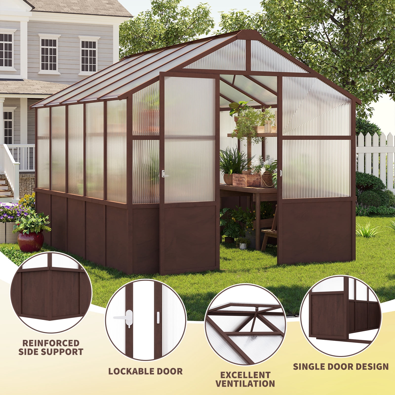 8x10 FT Premium Cedar Wood Greenhouse Kit, 6MM Twin-Wall Polycarbonate Panels, Walk-in Wooden Green House with Adjustable Vent & Lockable Door, Heavy Duty UV-Protected Garden Nursery for Outside