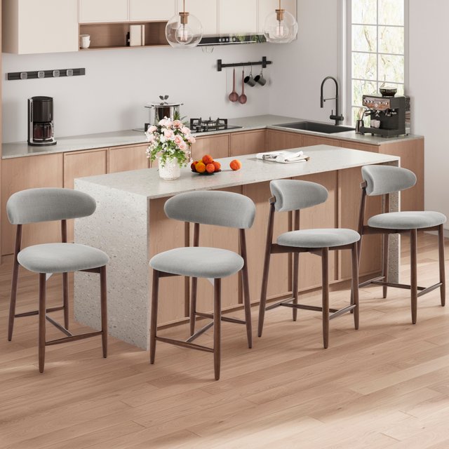 MALOL Counter Height Bar Stool Set of 4, Mid Century Modern Upholstered Bar Stool with Curved Back and Wooden Frame, for Kitchen, Cafe, or Home,Light Grey