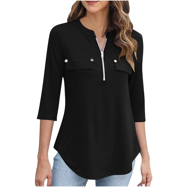 Timegard Hauts pour Femmes Col en V Fermeture Éclair Manches 3/4 Blouse Confortable Automne Tunique Décontractée pour Leggings