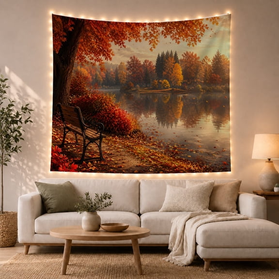 Autumn Lake Reflections with Fallen Leaves, Peaceful Serene Watercolor for Nature Lovers, Forest Wall Art, Housewarming Gift, Tapestry Wall Hanging for Living Room and Bedroom