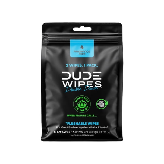 DUDE Wipes Double Deuce, Two-In-One On-The-Go Flushable Wipes, Unscented, 2 Count, 8 Pack (16 Total)