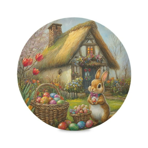 WOBOGO Easter Cozy Straw House Round Placemats Set of 1 Heat Resistant Washable Kitchen Table Decorations 15.4in