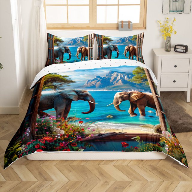 Erosebridal Housse de Couette Éléphant Pleine pour Ados, Literie Plante Fleur Colorée Format Pleine Grandeur, Déco Lac Bleu, Réversible