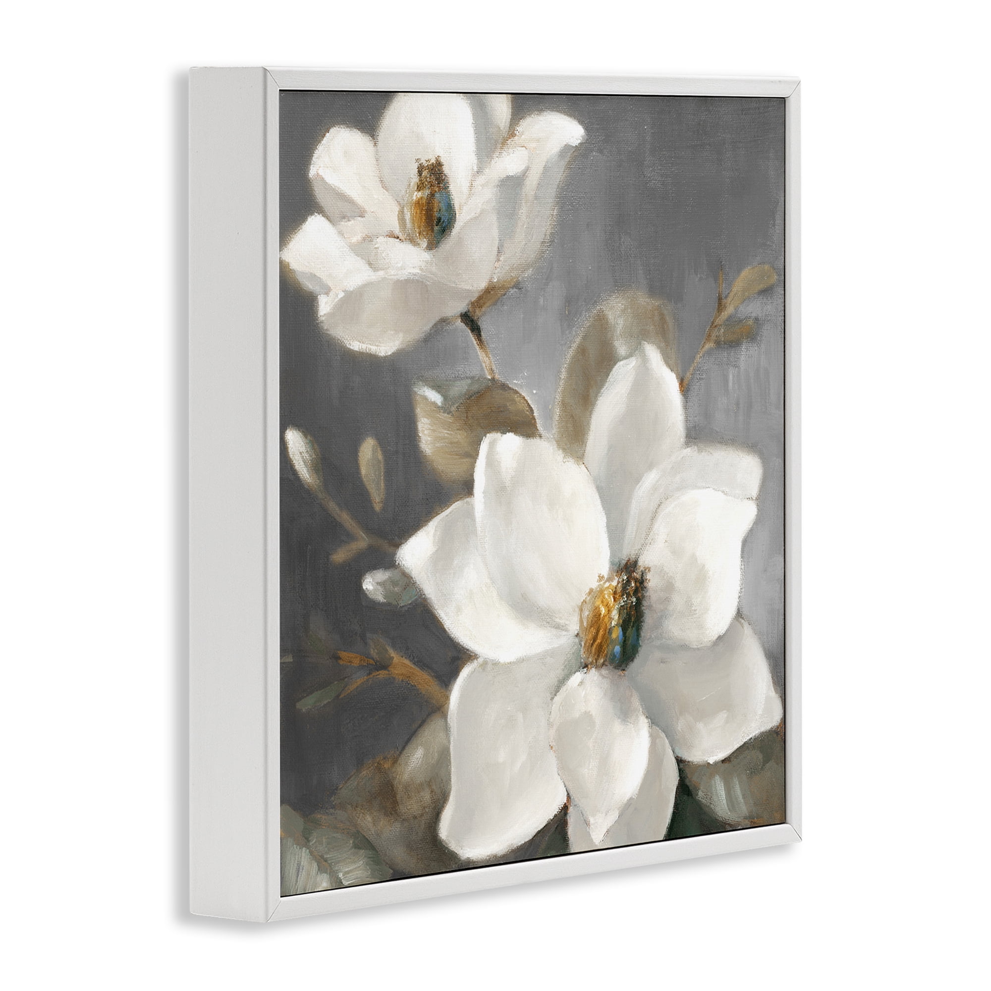 Stupell Industries Magnolias on Grey Botanical & Floral Painting White Framed Art Print Wall Art, 12 x 12
