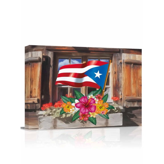 Puerto Rico Flag Wall Art for Living Room,Canvas Picture Wall Decor for Bathroom Bedroom,Farmhouse Retro Flowers American Flags Painting Artwork for Office Kitchen Hallway Dining Room Decor 20"x24"