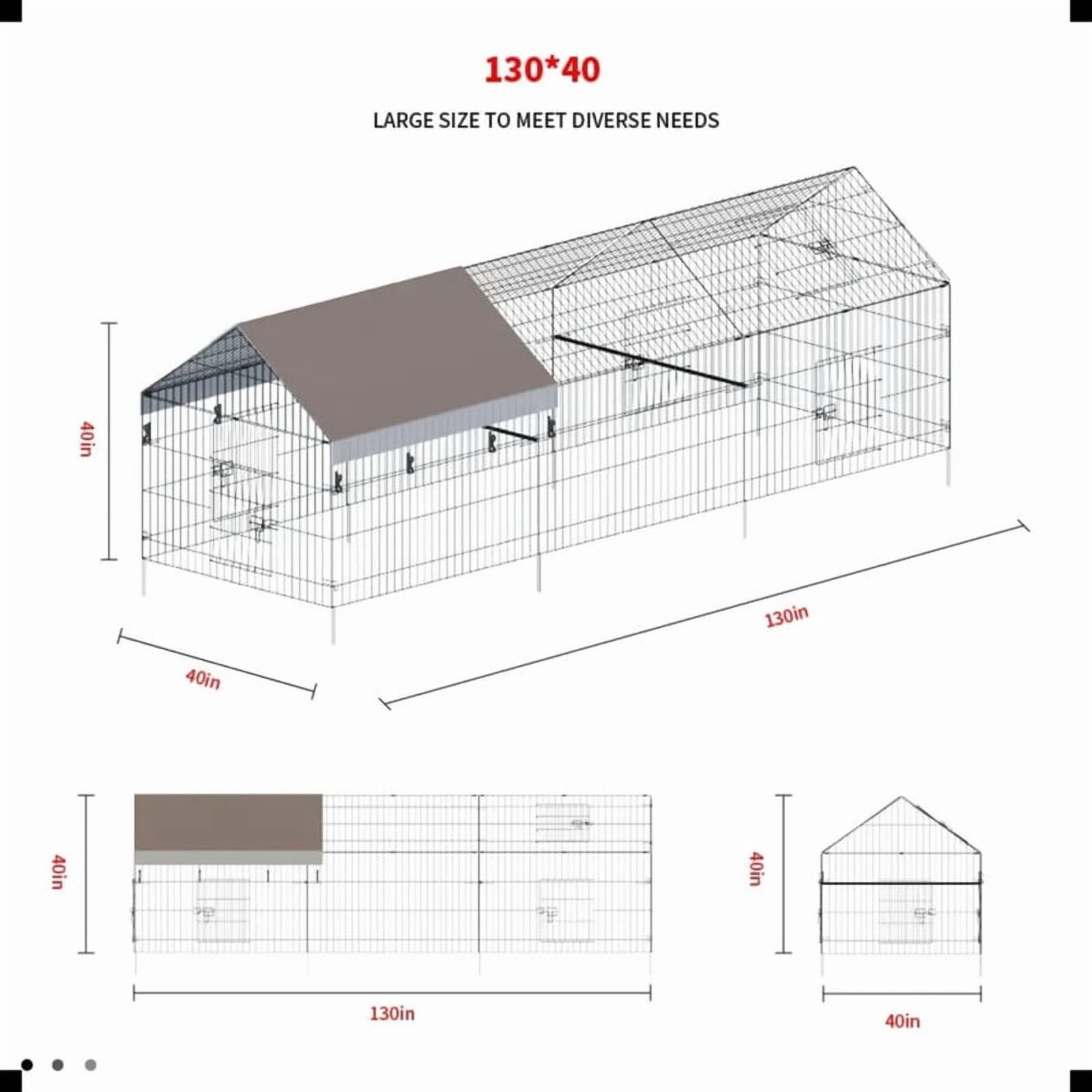 Metal Chicken Coop 130"×40"×40" Chicken Run with Waterproof Cover Poultry Cage Walk in Hen House Animal Enclosure Crate Pet Playpen Exercise Pen