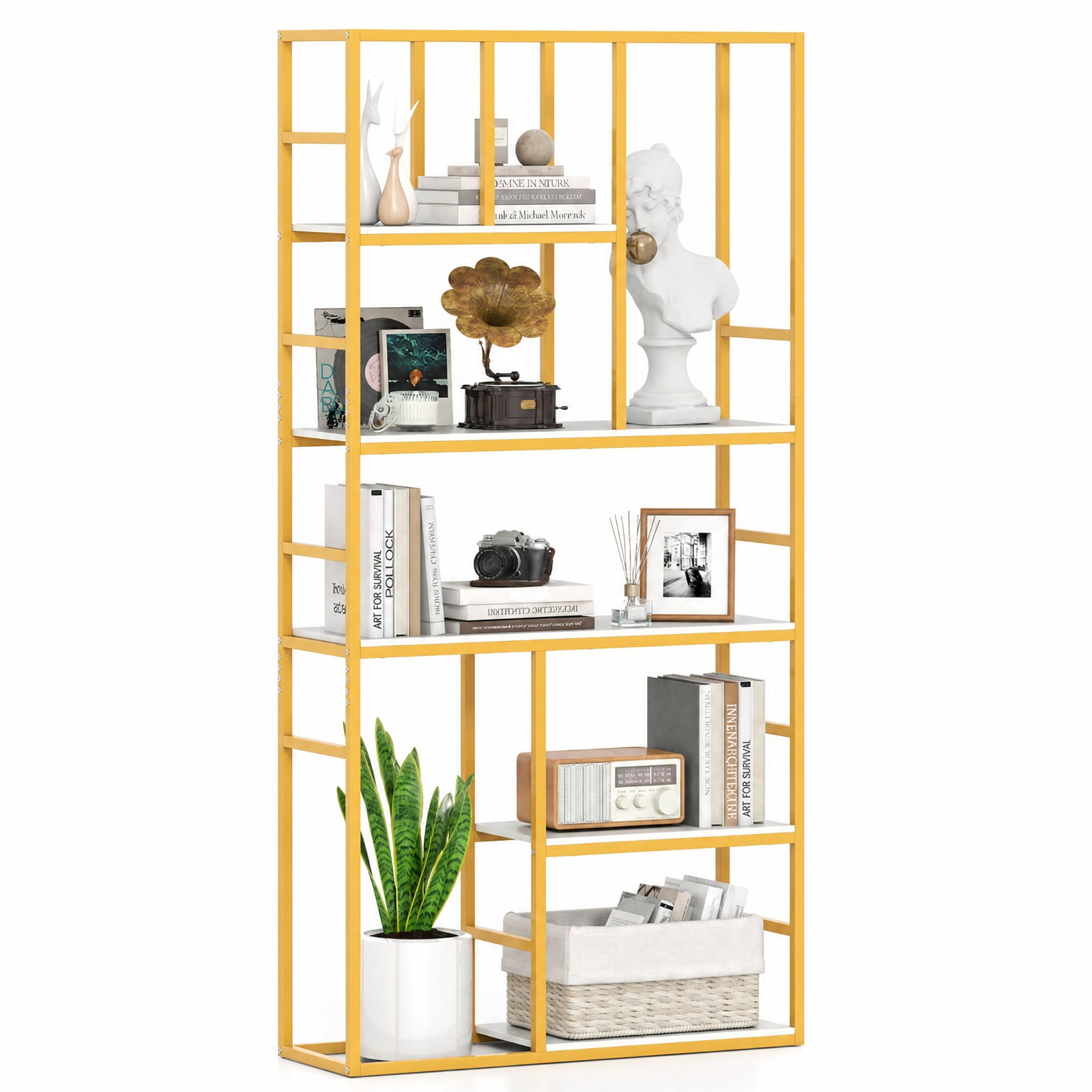 Furnibear 71 Inch Tall Bookshelf Metal Frame 5-Tier Geometric Bookcase-White & Golden for Living Room Home Office Bedroom Display Storage Shelf, White