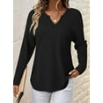 thumbnail image 2 of Womens Tops Waffle Knit Long Sleeve Notched V Neck Shirts Casual Trendy Solid Color Loose Blouses Black S, 2 of 6