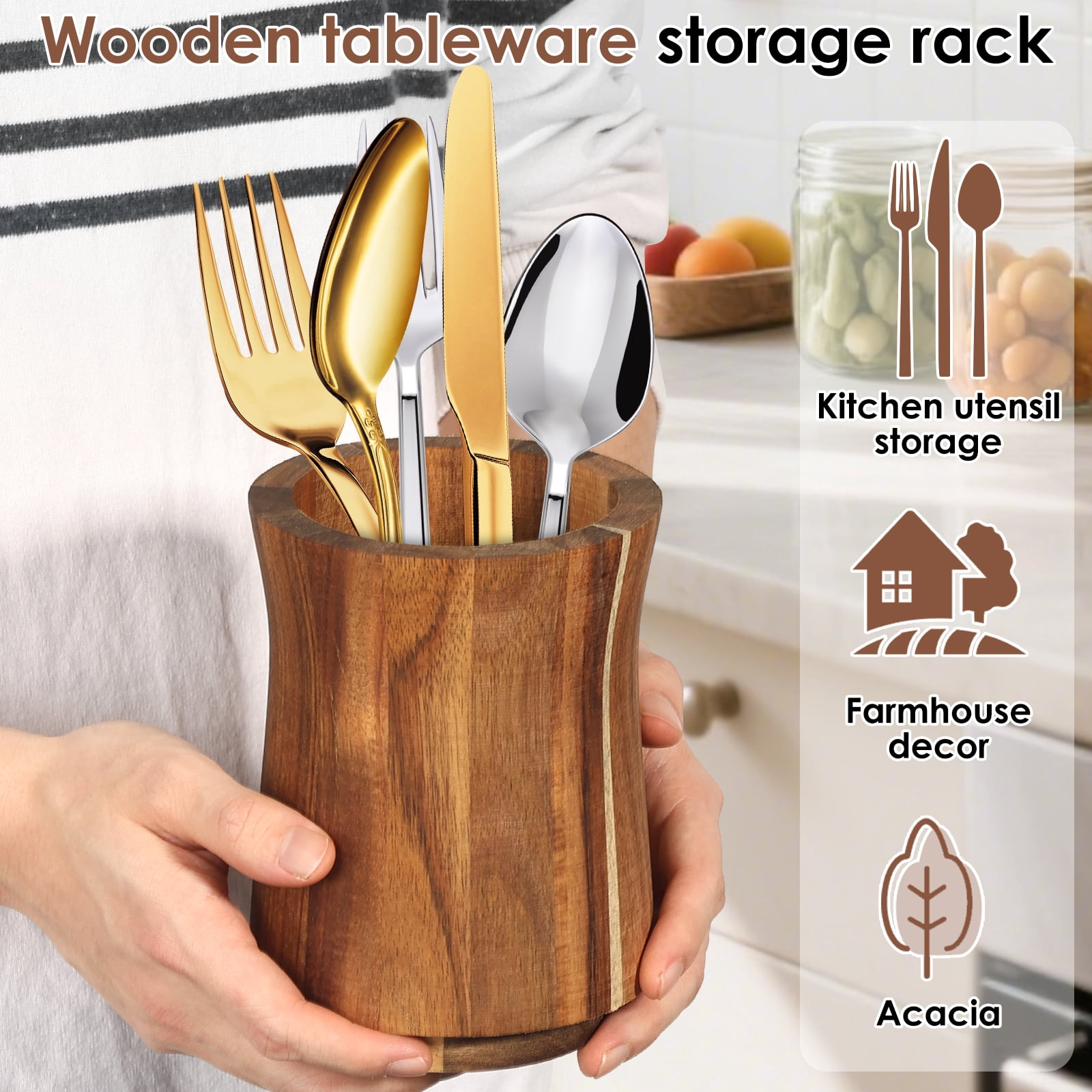 NUAHRHY 5.83" Utensil Holder, 360° Rotating Cooking Utensil Crock for Countertop, Acacia Wood Cooking Tool Organizer for Kitchen Counter Spatula Storage, Natural Kitchen Decor