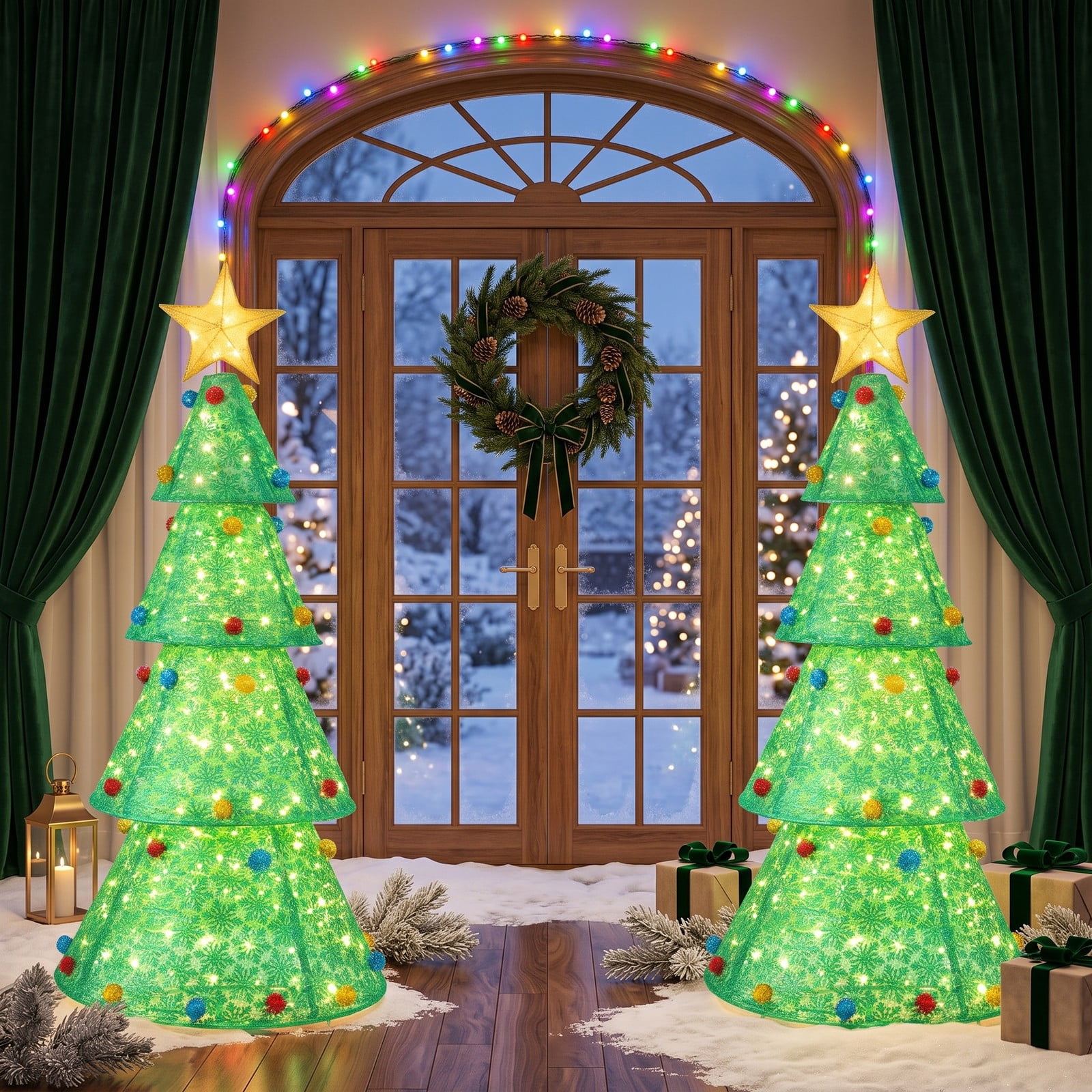 RUIE Pop-Up Christmas Tree 6.5 ft with 200 Warm White LED Lights, Collapsible Pre-Lit Artificial Xmas Tree for Indoor Outdoor Holiday Decoration, White