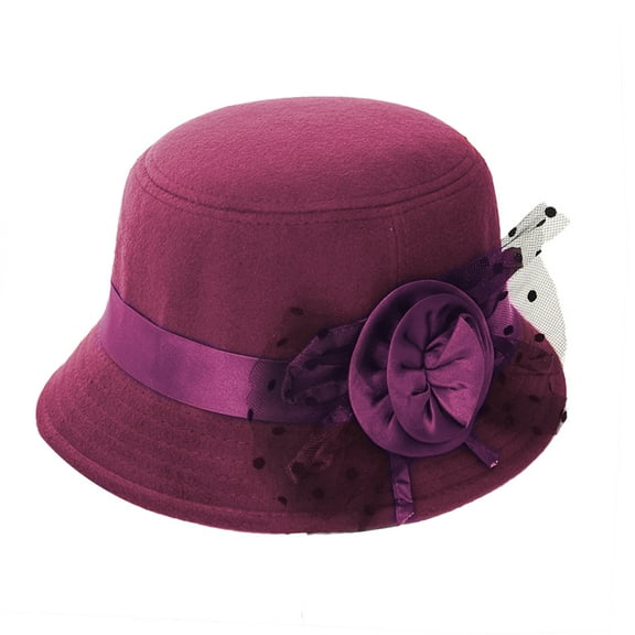 Opolski Vintage Women Solid Color Woolen Flower Decor Wide Brim Warm Cloche Bowler Hat