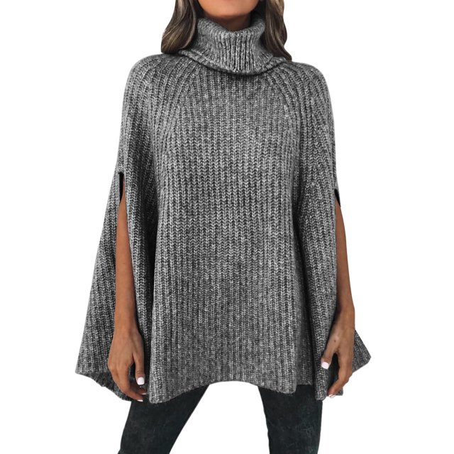 Gibobby Suéter de Mujer Mujer Otoño Invierno Cuello Poncho Suéter Moda Chunky Knit Cape Wrap Suéteres Jumper Tops (Gris, L)