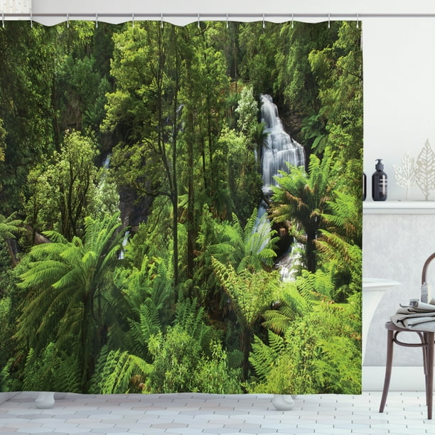 Rainforest Shower Curtain, Rainforest with Waterfall River Tourist