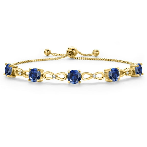 Gem Stone King 18K Yellow Gold Plated Blue Created Sapphire and White Moissanite Tennis Bracelet for Women | 5.06 Cttw | Gemstone September Birthstone | Round 6MM | Fully Adjustable up to 9 inch