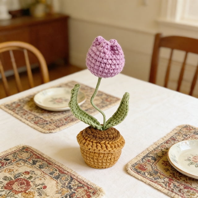 Maceta Artificial De Ganchillo, Flores Artificiales Tejidas, Flores Decorativas En Maceta, Decoración Para El Coche Y El Escritorio Del Hogar, Idea De Recuerdo De Primavera, Morado