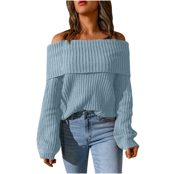 IROINNID Reduced Womens Sweater Off-The-Shoulder Pullover Sweater Solid Color Casual Short Length Long Sleeve Knit Sweater Coat