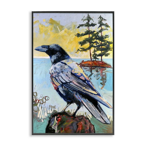Stupell Industries Crow in Modern Landscape Birds Painting Black Framed Art Print Wall Art, 12 x 18