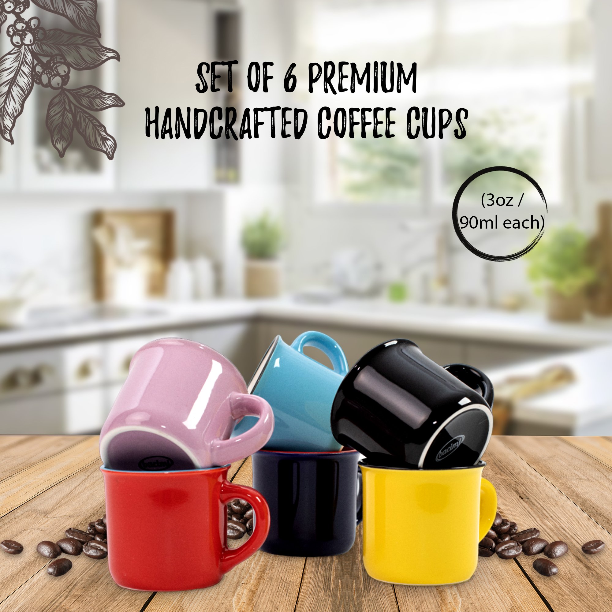 Bacimi Mini Ceramic Espresso Cups Set of 6 / 3oz - Small Drinking Cups with Handle - Dishwasher & Microwave Safe - Modern Mugs for Coffee, Tea, Cocoa