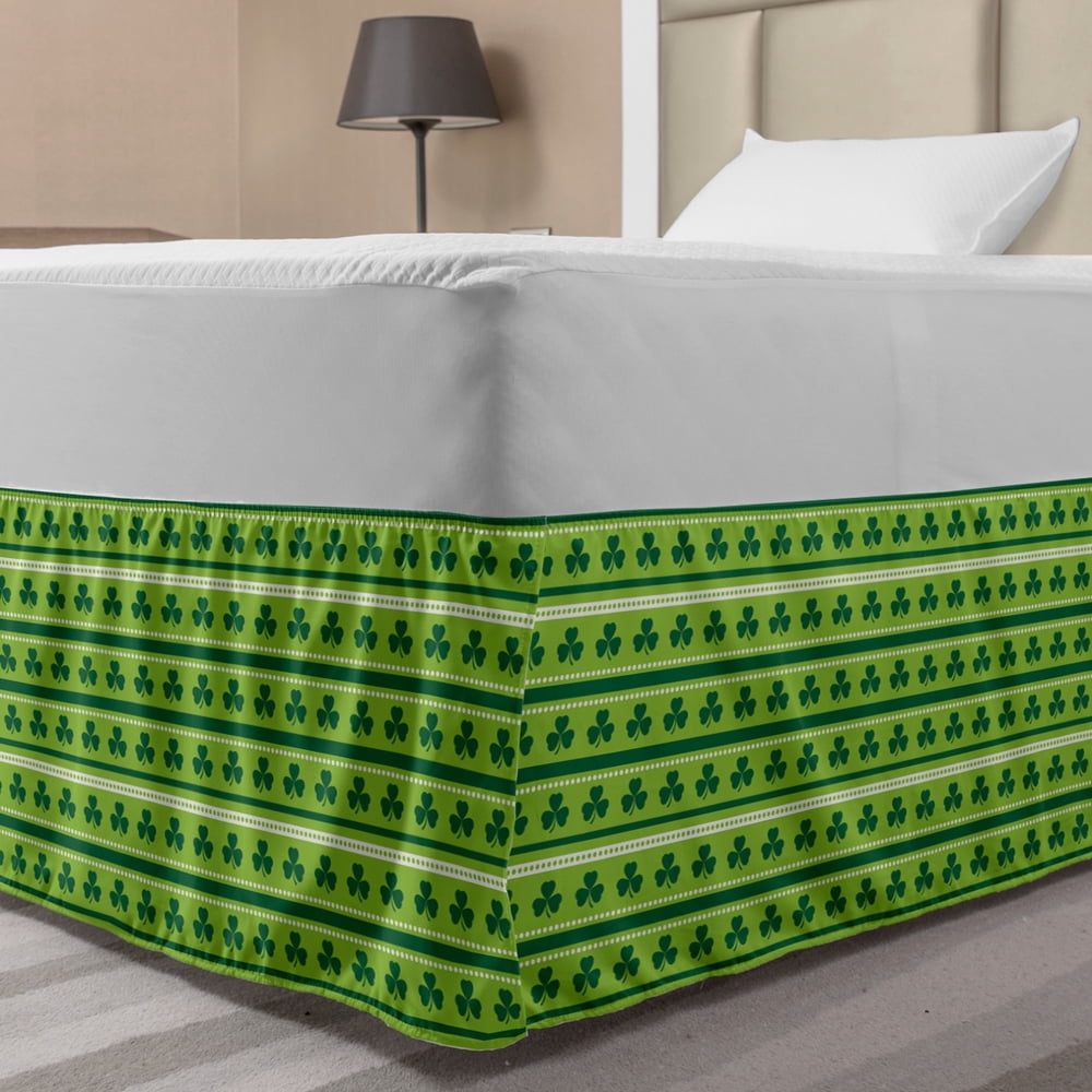 Green Bed Skirt, Traditional Irish Pattern Clovers Happy St. Patrick's