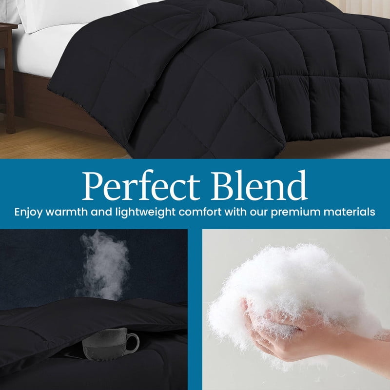 100% Cotton All-Season Comforter - Box Stitched Comforter - Bedding with Corner Tabs Machine Washable Lightweight Color Black Solid Pattern Size Twin (66"x90")