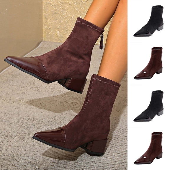THDHVS Ankle Boots for Women,Womens Shoes,Women's Fashion and Casual Fashion Short Boots Solid Color Patchwork Pointed Toe Back Zipper Heel Mid-Heel Ankle Boots Black