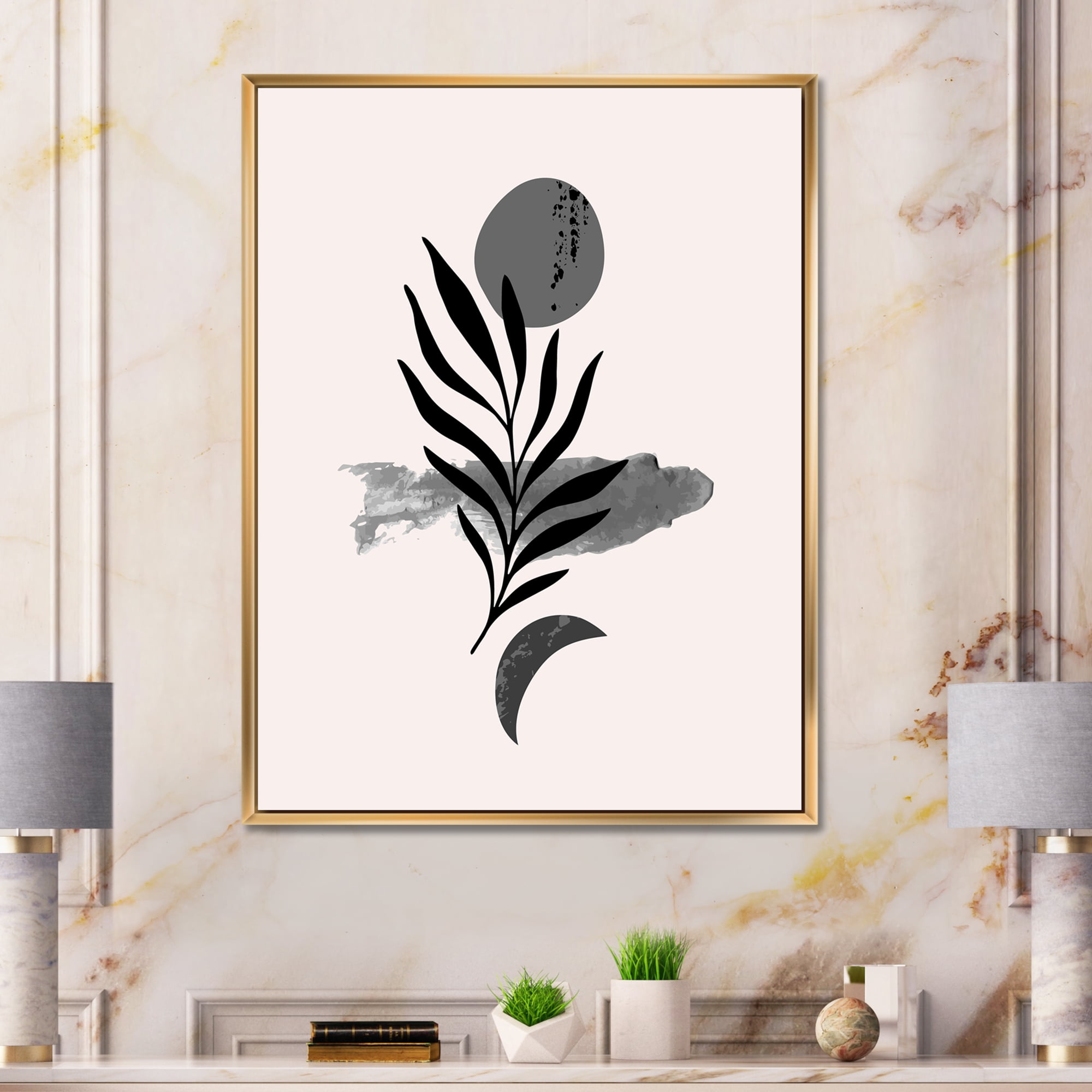 Designart 'Abstract Black Tropical Leaf II' Modern Framed Canvas Wall Art Print
