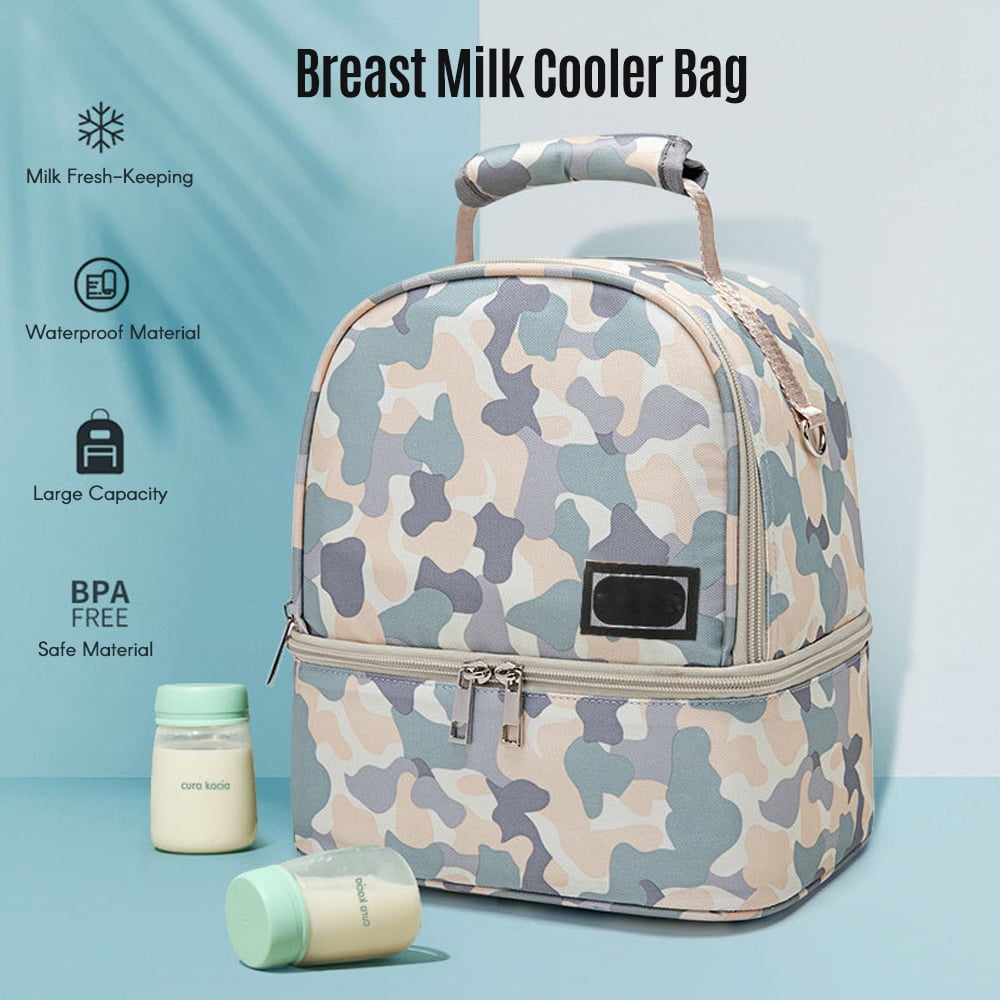 Double-Layer Breast Milk Cooler Bag Breast Pump Bag Fresh-Keeping Baby Bottle Storage Backpack Waterproof with Shoulder Straps Top Carry Handle for Breastfeeding Working Moms