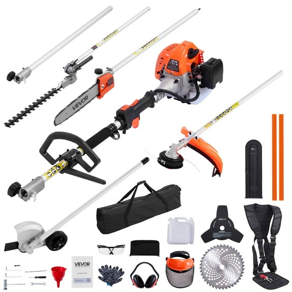 VEVOR Gas Hedge Trimmer, 2 Cycle Gas Power Handheld Trimmer, 7-in-1 26cc Weed Eater with Extension Pole & Protective Gear Set, Includes Hedge & String Trimmer, Brush Cutter(3T & 40T), Edger, Pole Saw