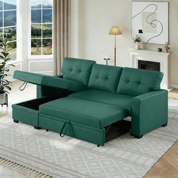 Gewnee Linen Sectional Sofa Bed with Storage,Soft Seat Pull Out Couch for Living Room Green