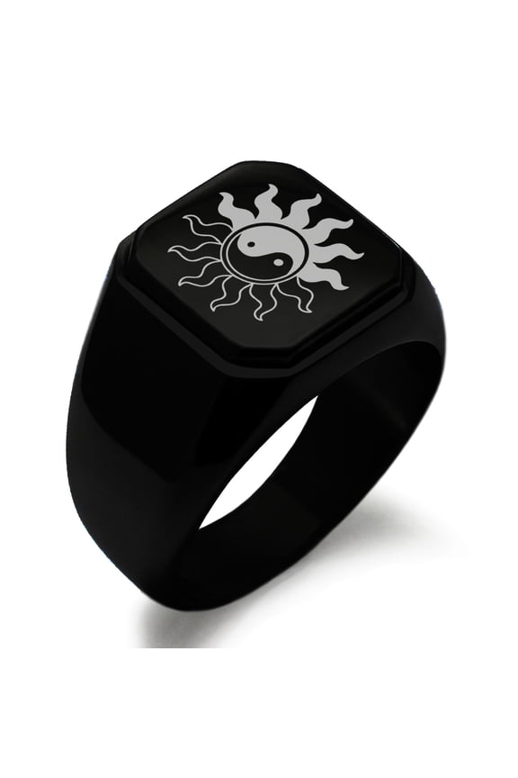 Stainless Steel Blazing Sun Yin Yang Engraved Square Flat Top Biker Style Polished Signet Ring