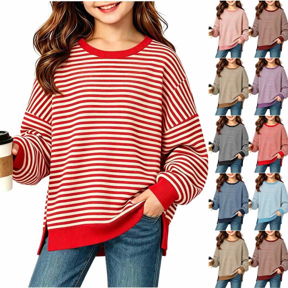 Wilark Girls Crew Neck Sweatshirts with Long Sleeve Size 5-14, Fashion Oversized Knitting Cotton Striped Kids Fall Tops