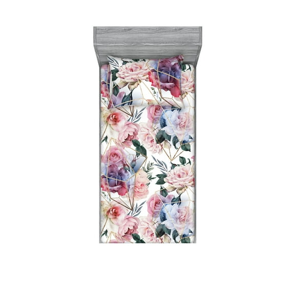 Geometric Floral Fitted Sheet & Pillow Sham Set, Blossoming Rose Bouquets with Modern Polygonal Shapes, Decorative Printed 2 Piece Bedding Decor, Twin, Pale Pink and Hunter Green, by Ambesonne