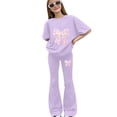 thumbnail image 2 of mgoYE Girls 2 Piece Outfits Kids Cute Bow Graphic Sweatsuit Short Sleeve Tops Pants Set Teen Summer Beach Trendy Tracksuit 7T 8T 9T 10T 11T 12T Size 7-8 Years, 2 of 5