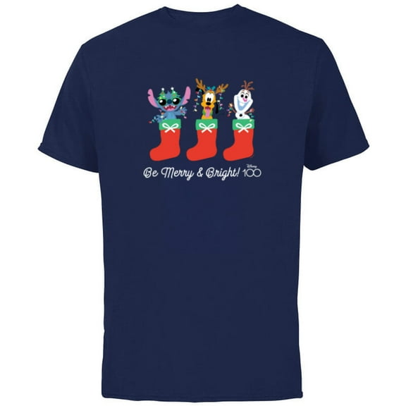 Disney 100 Stitch Pluto Olaf Christmas Be Merry & Bright! - Short Sleeve Cotton T-Shirt for Adults - Customized-Navy