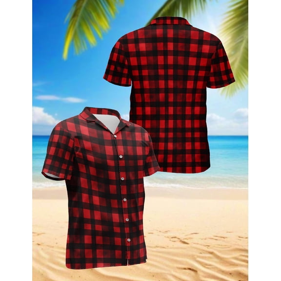 Red And Black Buffalo Plaid Hawaiian Shirt for Men, Button Down Summer Beach Short Sleeve, S-5XL