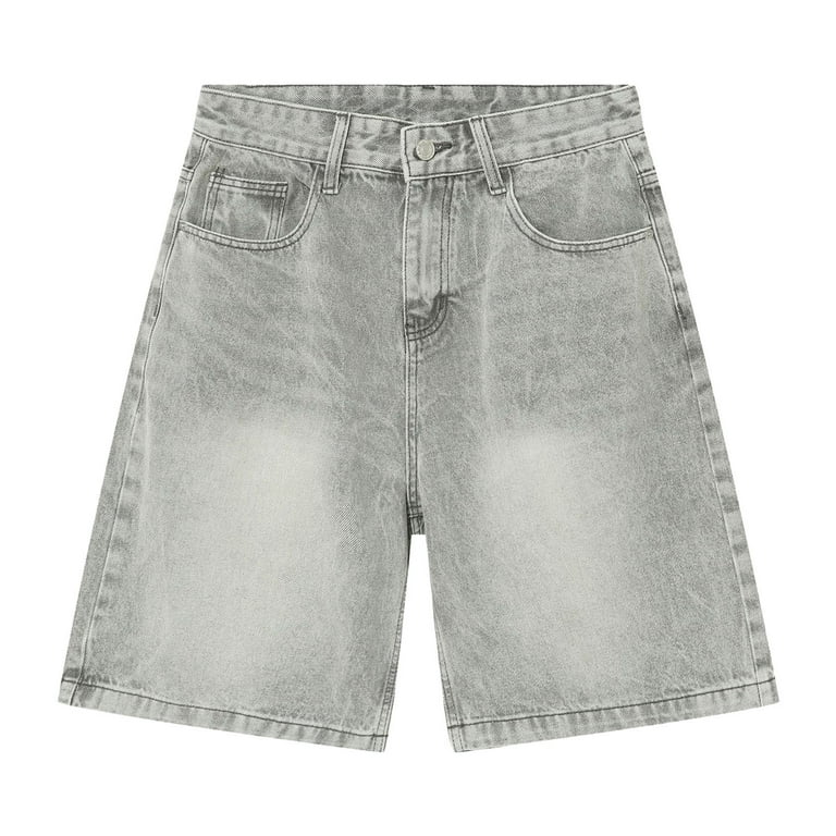 LIIPEE Men Jean Shorts Retro Baggy High Waist Button Zip Up