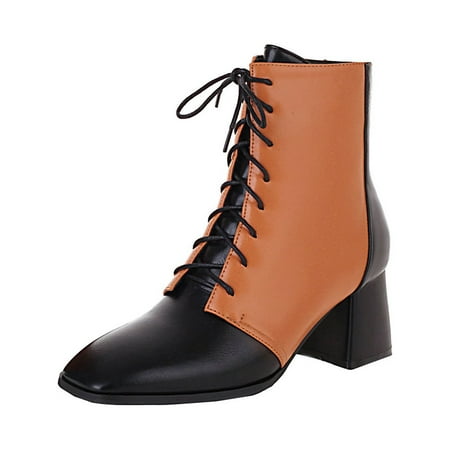 KBKYBUYZ Thick-heeled Short Boots Lace-up Women s Shoes For Autumn And Winter New Color Matching Mid-heel Small Square Toe