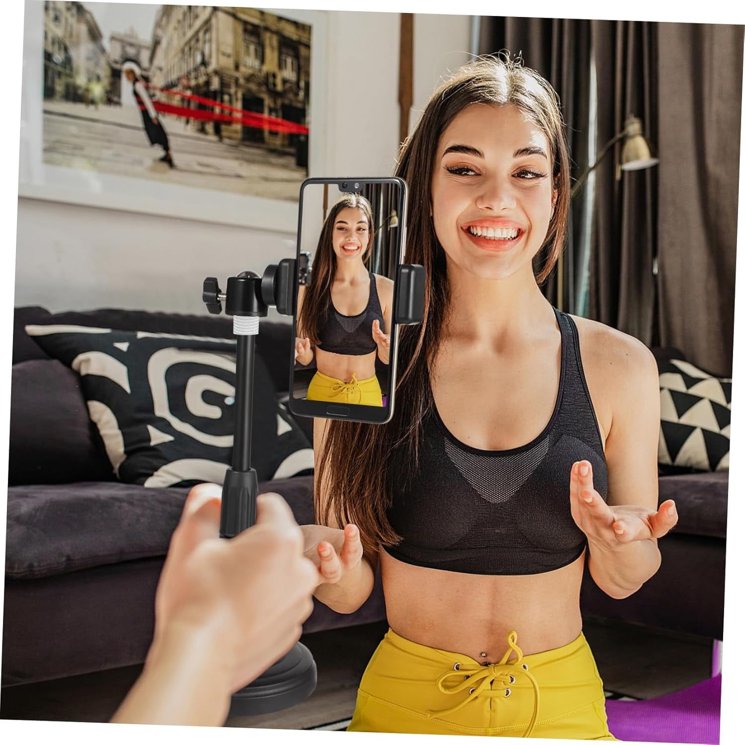 Adjustable Phone Stand for Desk, Height & Angle Adjustable Cell Phone Holder with Heavy Base, 360° Rotating Desktop Stand for Video Recording, FaceTime, TikTok, Zoom, Compatible with iPhone & Android