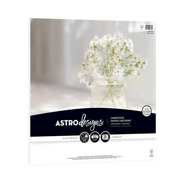 Papier cartonné blanc brillant Astrodesigns 12" x 12", 65 lb./176 gsm, 25 feuilles