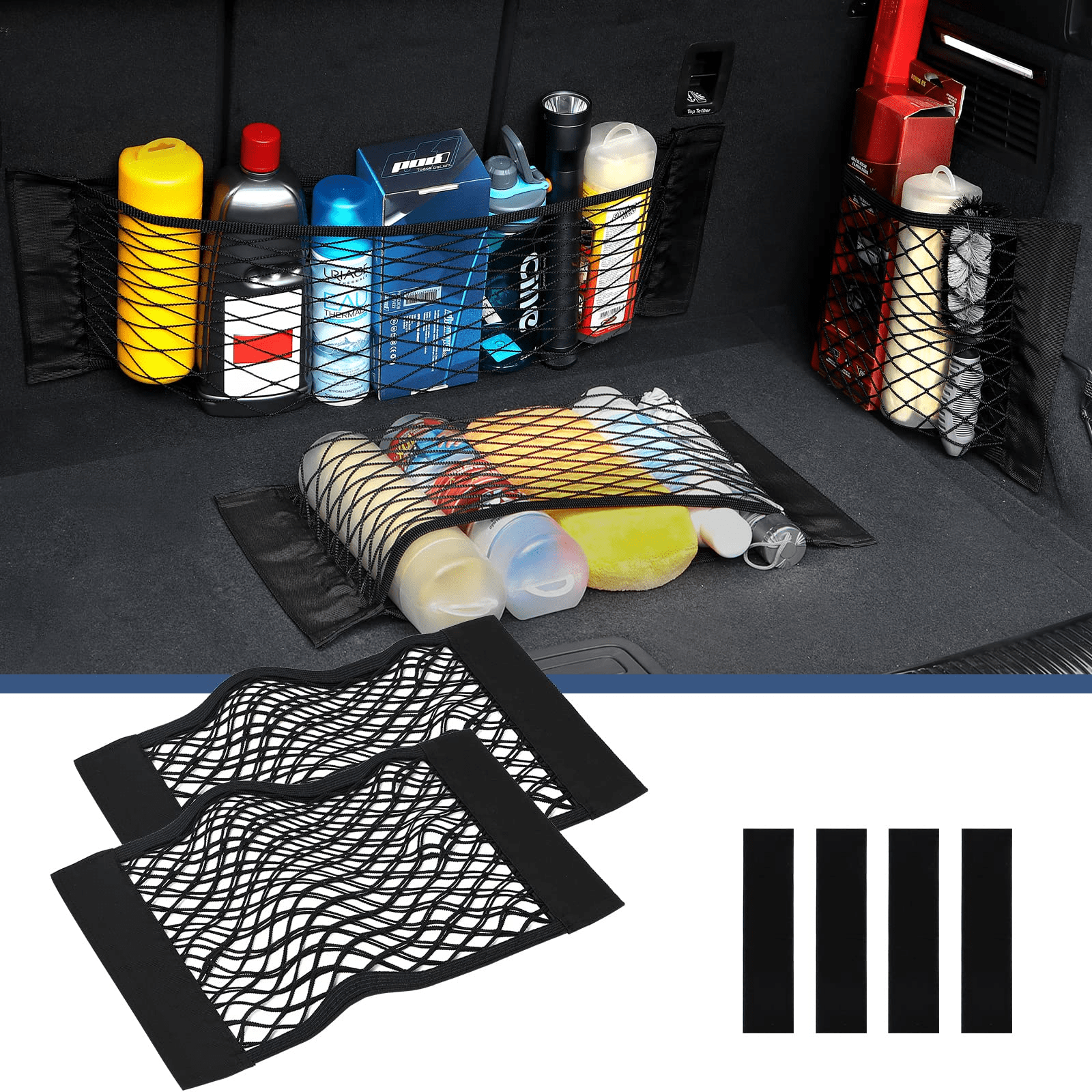 2 Pack Small Cargo Net for Car Trunk, Velcro Organizer Storage Elastic String Net