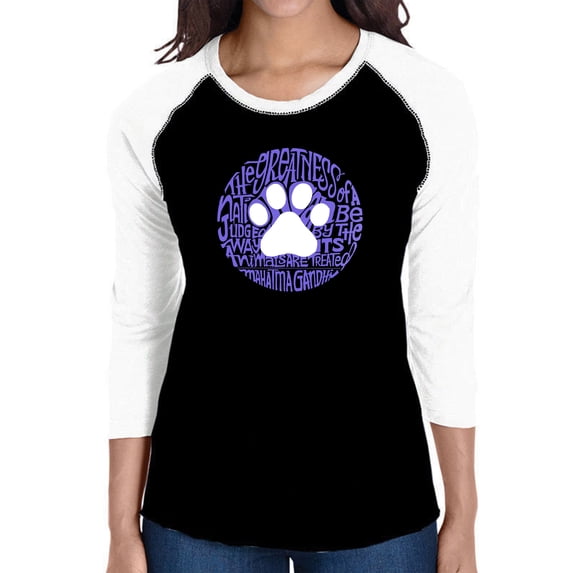 LA Pop Art Women's Raglan Baseball Word Art T-shirt - Gandhi's Quote on Animal Treatment
