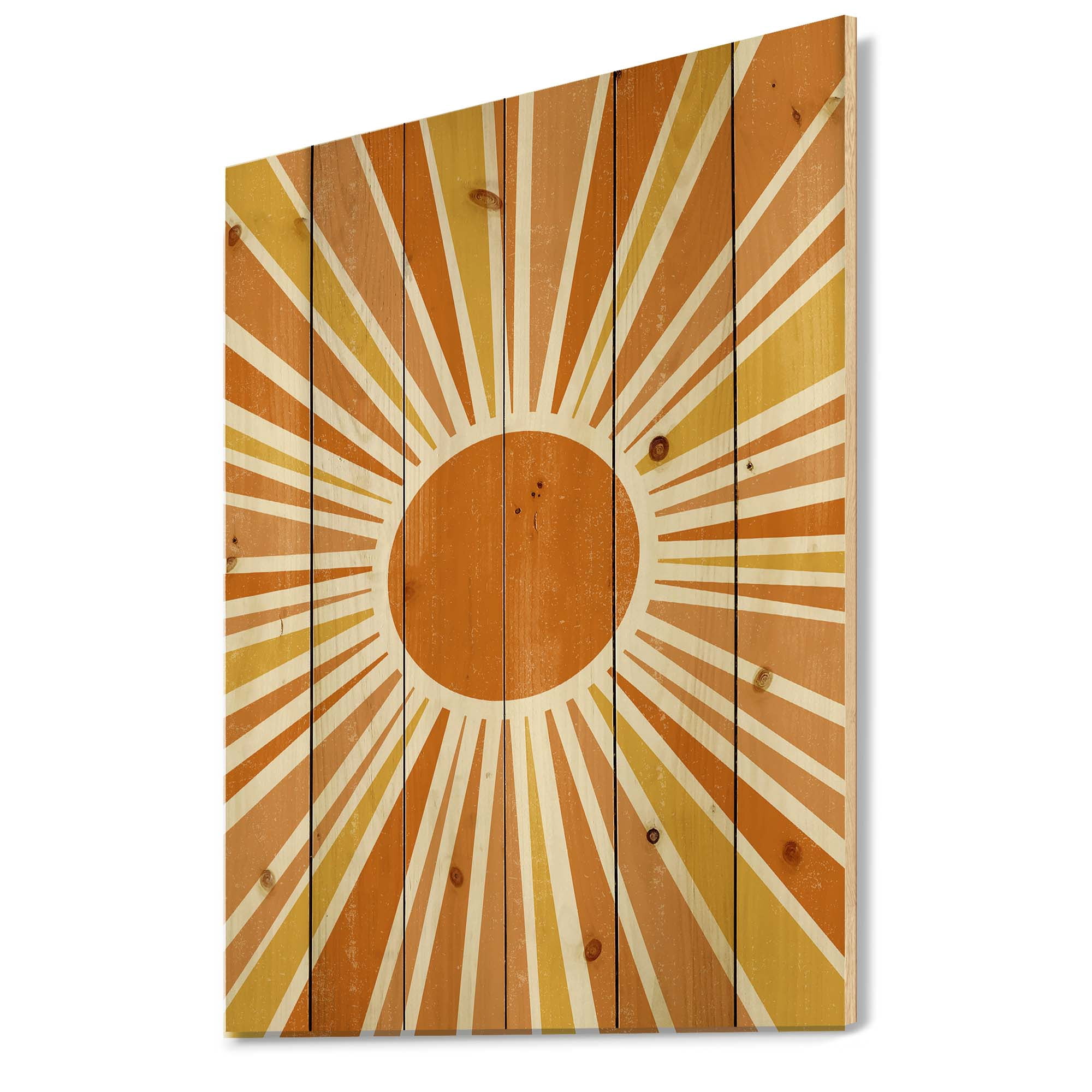 Designart 'Minimal Bright Shining Orange Sun Rays I' Modern Print on Natural Pine Wood