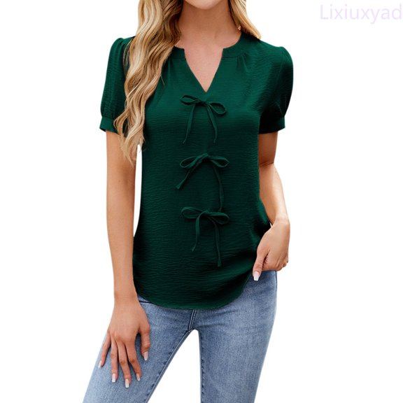 Lixiuxyad Fashionable V Neck Solid Color Short Sleeve T Shirt For Women With Tie Bow Detail Dressy Casual,Green L